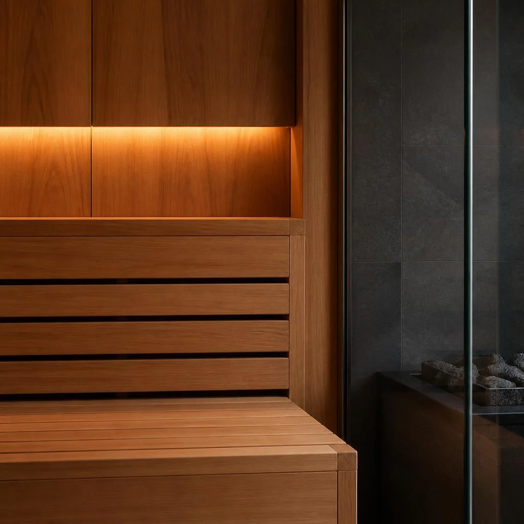 Illustrative close-up concept of custom sauna joinery and warm cedar lighting