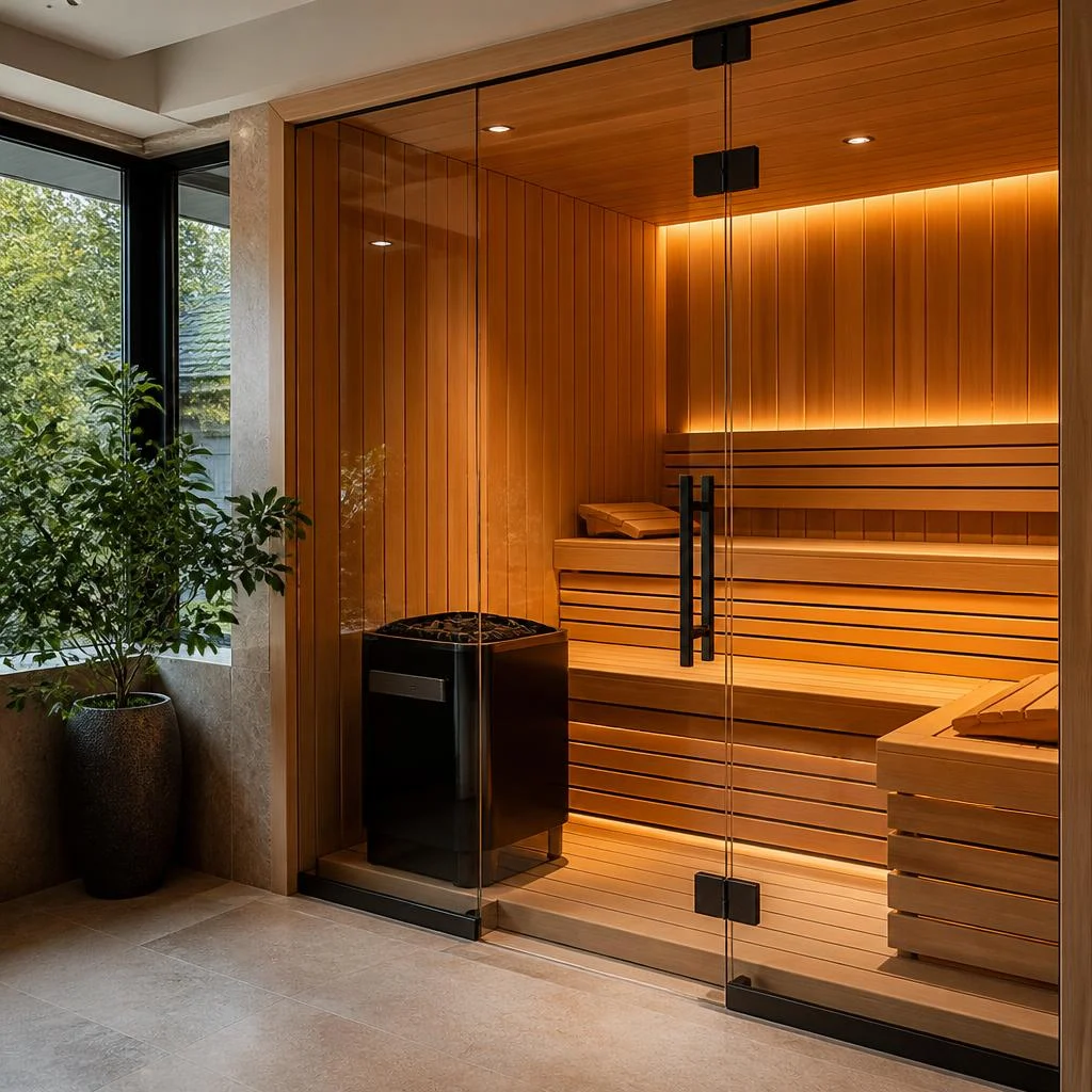 Illustrative concept of a custom cedar sauna in a refined home wellness room