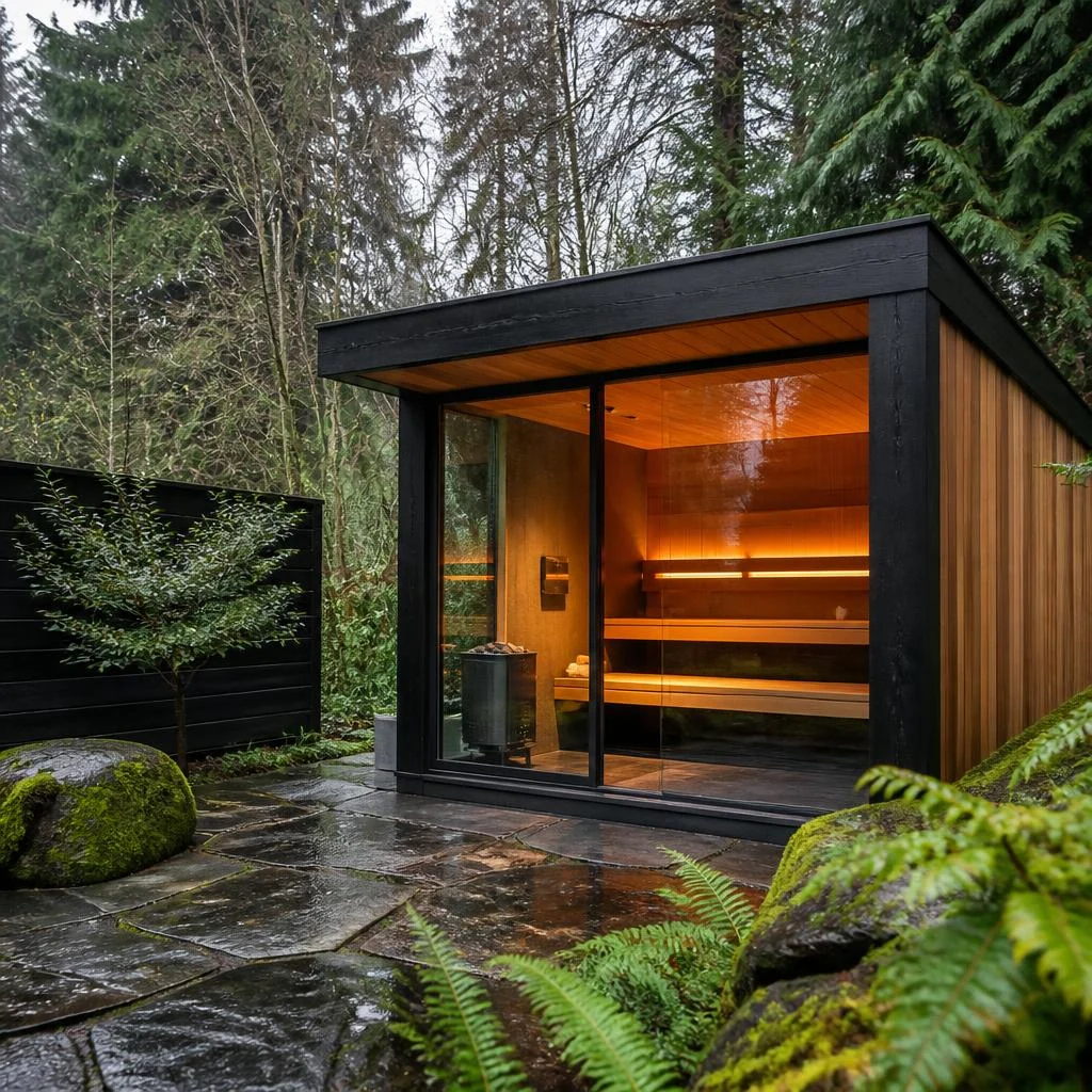 Illustrative concept of a private outdoor sauna in a Pacific Northwest home garden