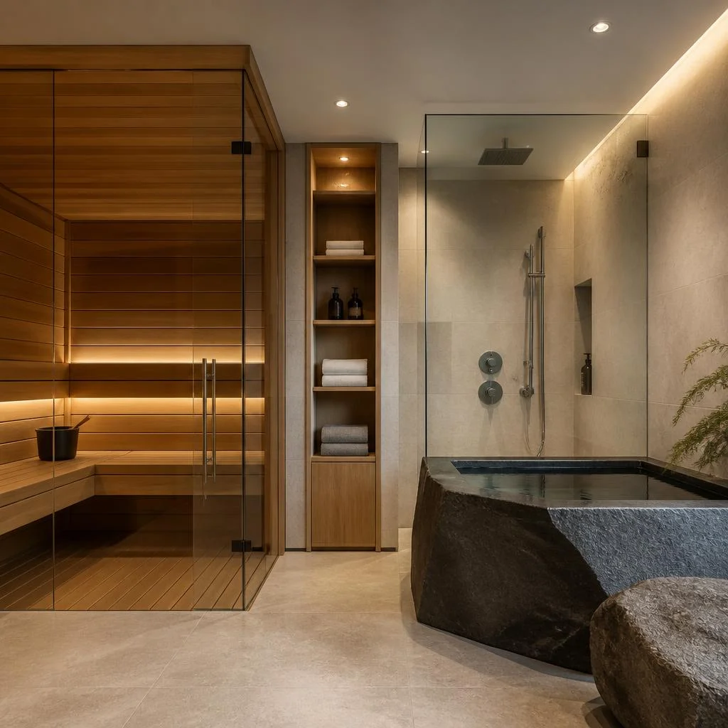 Illustrative concept of a home wellness suite with a cedar sauna and cold plunge